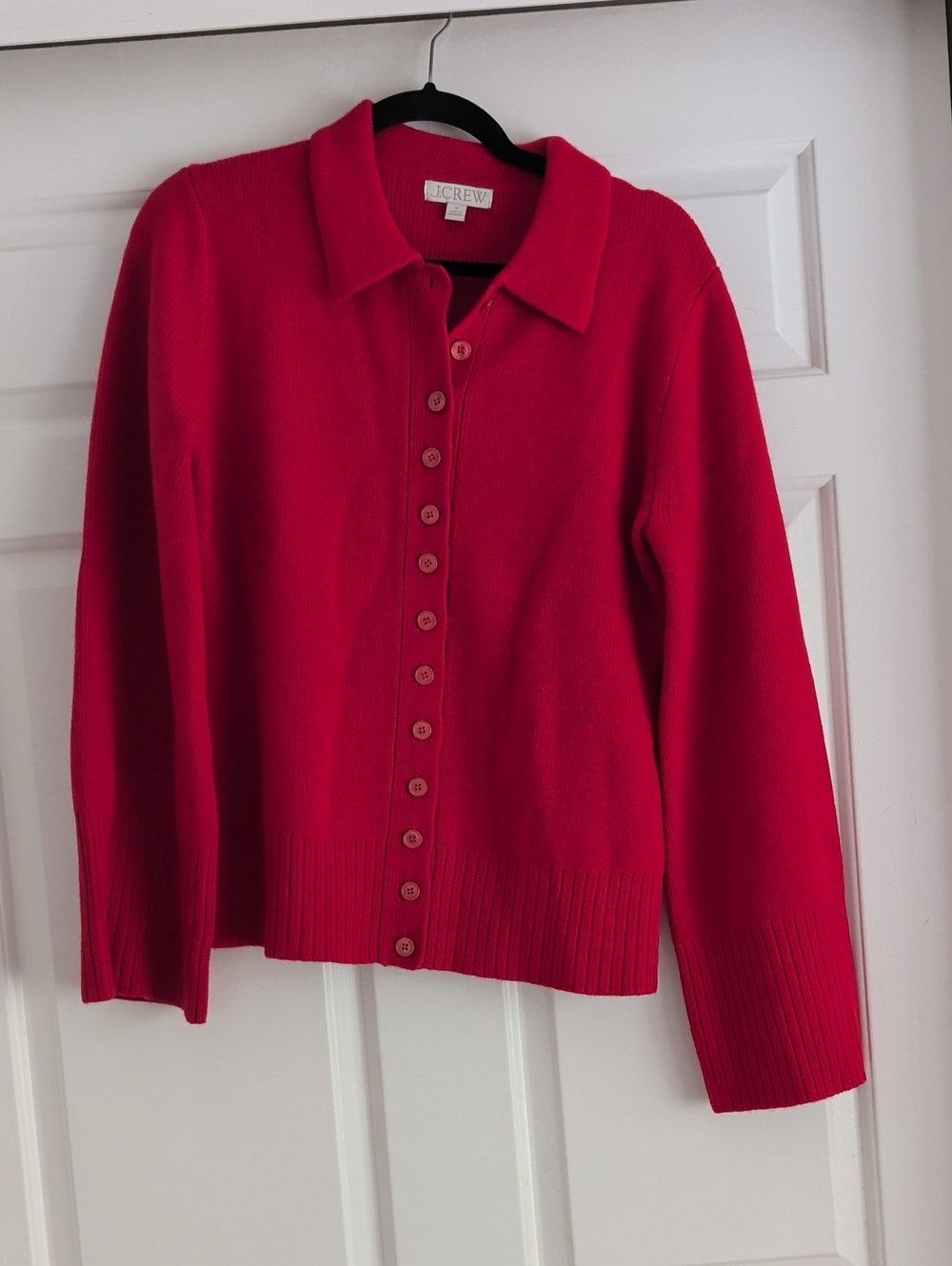 J. Crew Bright Red Button-Up Collared Wool Cardigan